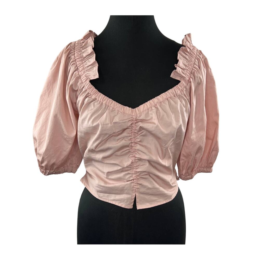 OPEN EDIT Blush Pink Organic Cotton V-Neck Ruffle Puff Sleeve Crop Top Blouse M